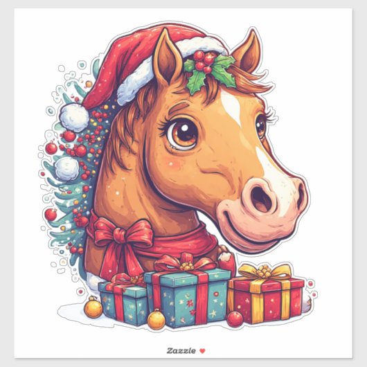 Whimsical Kerst Paard Portret Sticker (Vel)