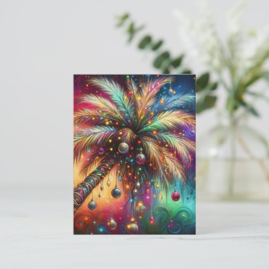 Whimsical Kerst Palmboom Tropisch Strand Levendig Briefkaart (Staand voorkant)