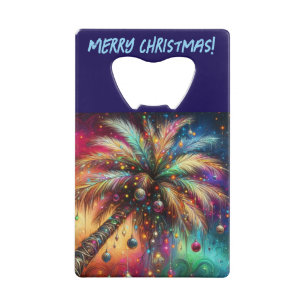 Whimsical Kerst Palmboom Tropisch Strand Levendig Creditkaart Flessenopener