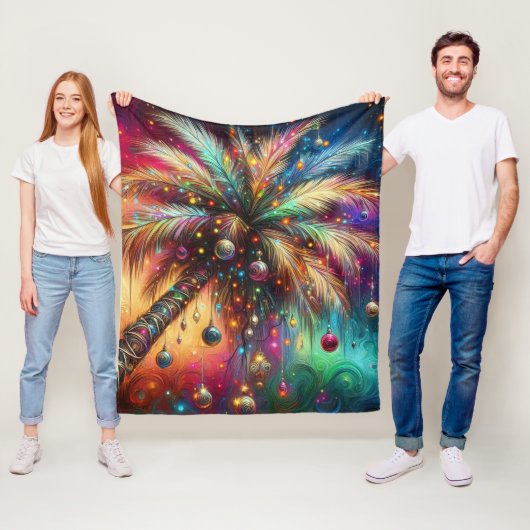 Whimsical Kerst Palmboom Tropisch Strand Levendig Fleece Deken (In situ)