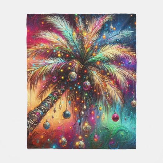 Whimsical Kerst Palmboom Tropisch Strand Levendig Fleece Deken (Voorkant)