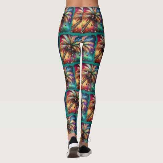 Whimsical Kerst Palmboom Tropisch Strand Levendig Leggings (Achterkant)