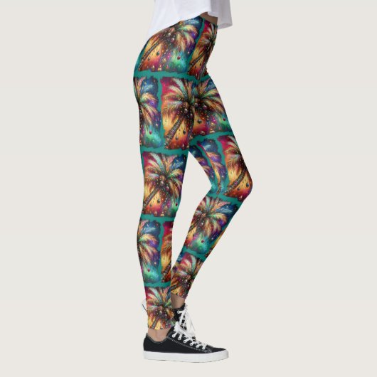 Whimsical Kerst Palmboom Tropisch Strand Levendig Leggings (Rechts)