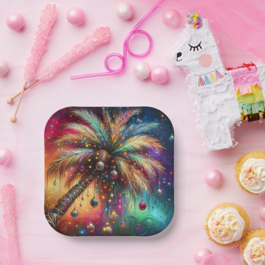 Whimsical Kerst Palmboom Tropisch Strand Levendig Papieren Bordje (Feest)