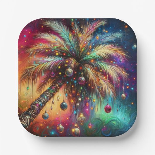 Whimsical Kerst Palmboom Tropisch Strand Levendig Papieren Bordje (Voorkant)
