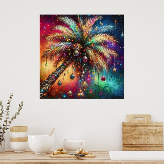 Whimsical Kerst Palmboom Tropisch Strand Levendig Poster (Keuken)