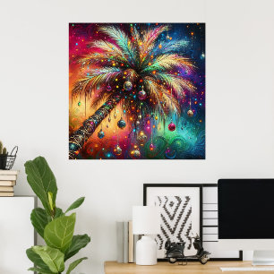 Whimsical Kerst Palmboom Tropisch Strand Levendig Poster