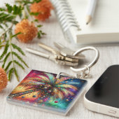 Whimsical Kerst Palmboom Tropisch Strand Levendig Sleutelhanger (Voorkant Rechts)