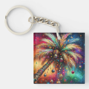 Whimsical Kerst Palmboom Tropisch Strand Levendig Sleutelhanger