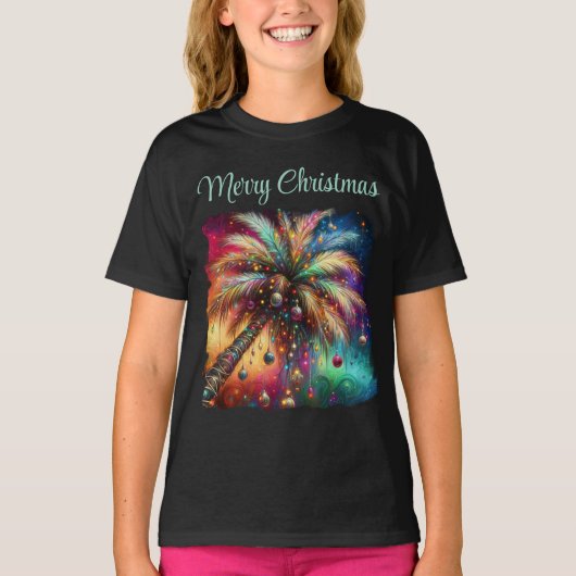 Whimsical Kerst Palmboom Tropisch Strand Levendig T-shirt (Voorkant)