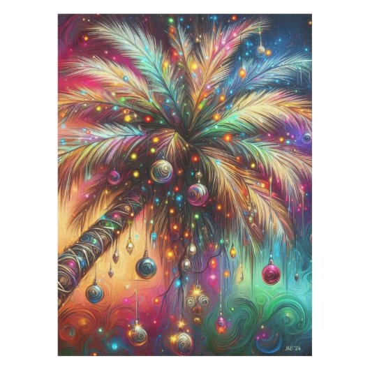 Whimsical Kerst Palmboom Tropisch Strand Levendig Tafelkleed (Voorkant)