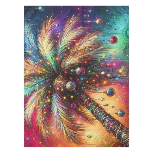 Whimsical Kerst Palmboom Tropisch Strand Levendig Tafelkleed (Voorkant)
