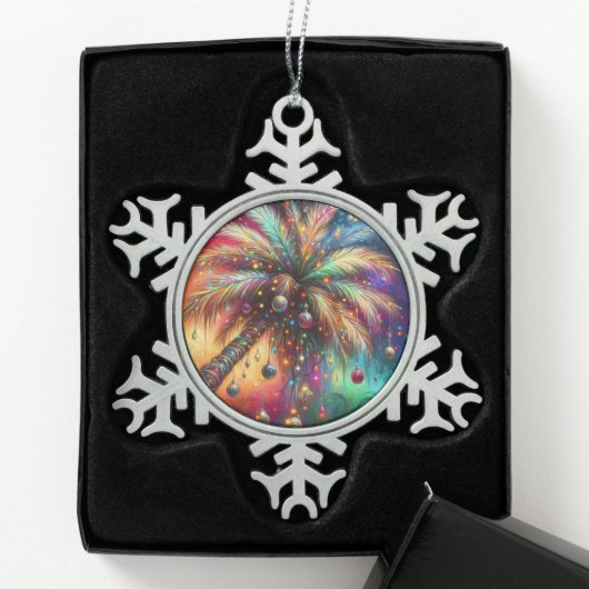 Whimsical Kerst Palmboom Tropisch Strand Levendig Tin Sneeuwvlok Ornament (Kistje)