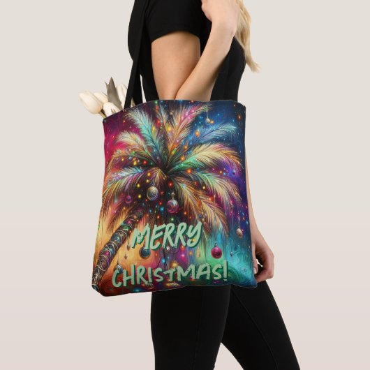 Whimsical Kerst Palmboom Tropisch Strand Levendig Tote Bag (Dichtbij)