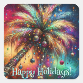 Whimsical Kerst Palmboom Tropisch Strand Levendig Vierkante Sticker