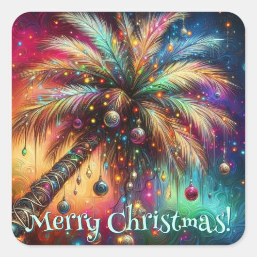Whimsical Kerst Palmboom Tropisch Strand Levendig Vierkante Sticker (Voorkant)