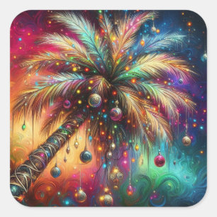 Whimsical Kerst Palmboom Tropisch Strand Levendig Vierkante Sticker