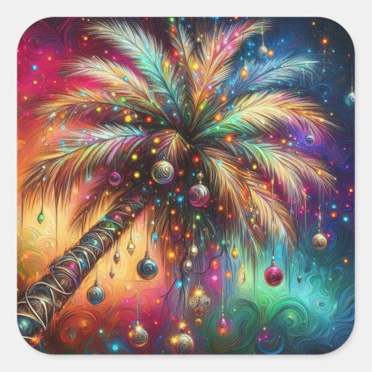Whimsical Kerst Palmboom Tropisch Strand Levendig Vierkante Sticker (Voorkant)