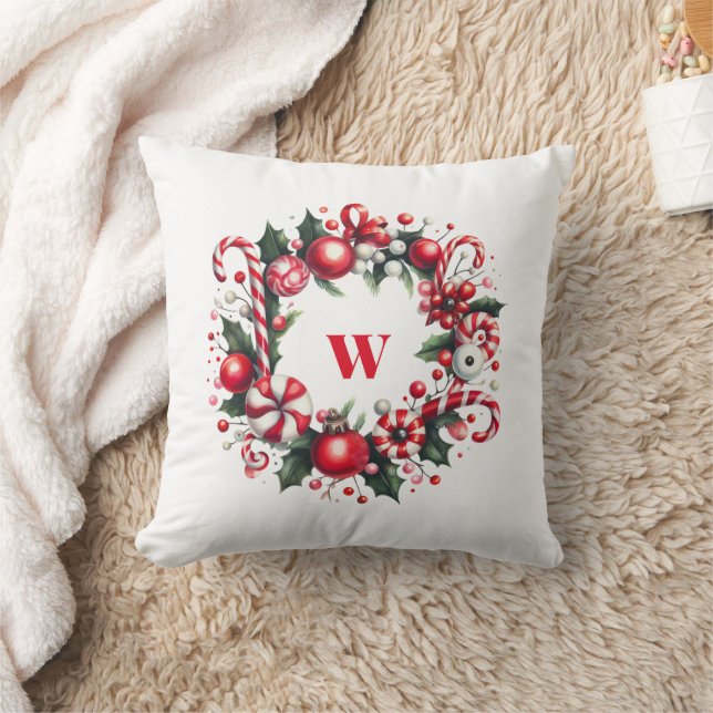 Whimsical Kerst Snoep krans Monogram Decor Kussen (Deken)
