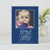 Whimsical KerstBlue Calligraphy Swirl Foto Feestdagenkaart (Staand voorkant)