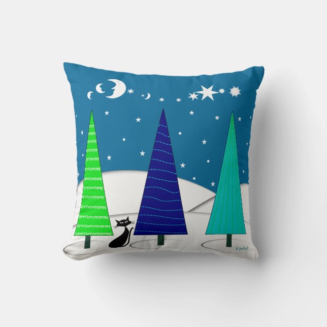 Whimsical-kerstbomen en kat Pillow Kussen (Voorkant)