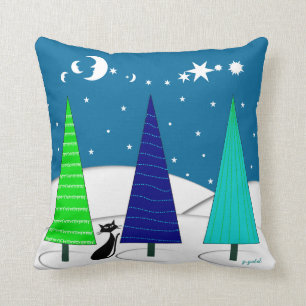Whimsical-kerstbomen en kat Pillow Kussen