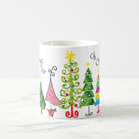 Whimsical Kerstbomen Roze Groen Blauw Script Koffiemok (Center)