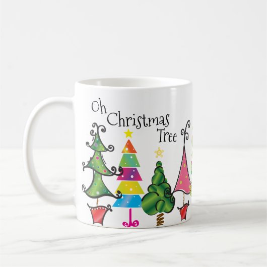 Whimsical Kerstbomen Roze Groen Blauw Script Koffiemok (Links)