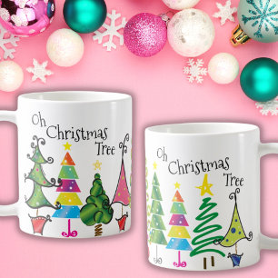 Whimsical Kerstbomen Roze Groen Blauw Script Koffiemok