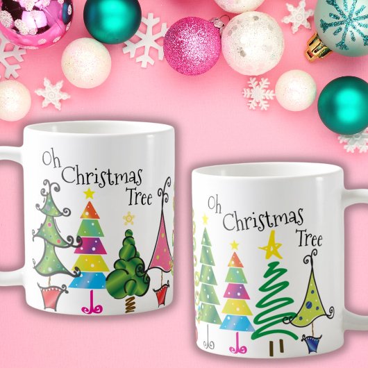 Whimsical Kerstbomen Roze Groen Blauw Script Koffiemok