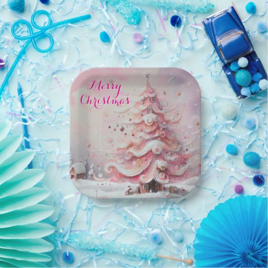 Whimsical Kerstboom Roze Witte wervelingen Sneeuw Papieren Bordje (Feest)