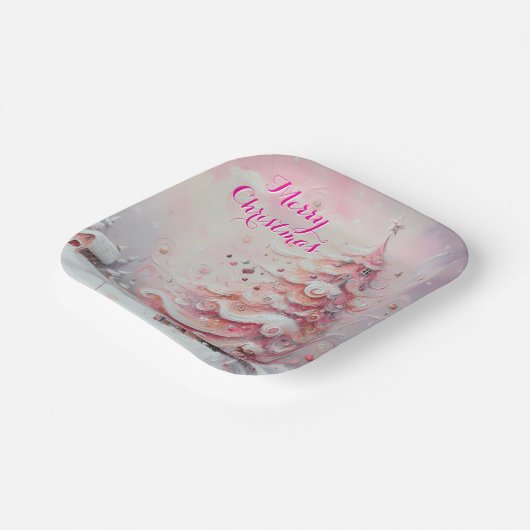 Whimsical Kerstboom Roze Witte wervelingen Sneeuw Papieren Bordje (Gebogen)
