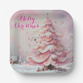 Whimsical Kerstboom Roze Witte wervelingen Sneeuw Papieren Bordje (Voorkant)