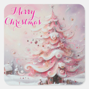 Whimsical Kerstboom Roze Witte wervelingen Sneeuw Vierkante Sticker