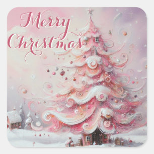 Whimsical Kerstboom Roze Witte wervelingen Sneeuw Vierkante Sticker