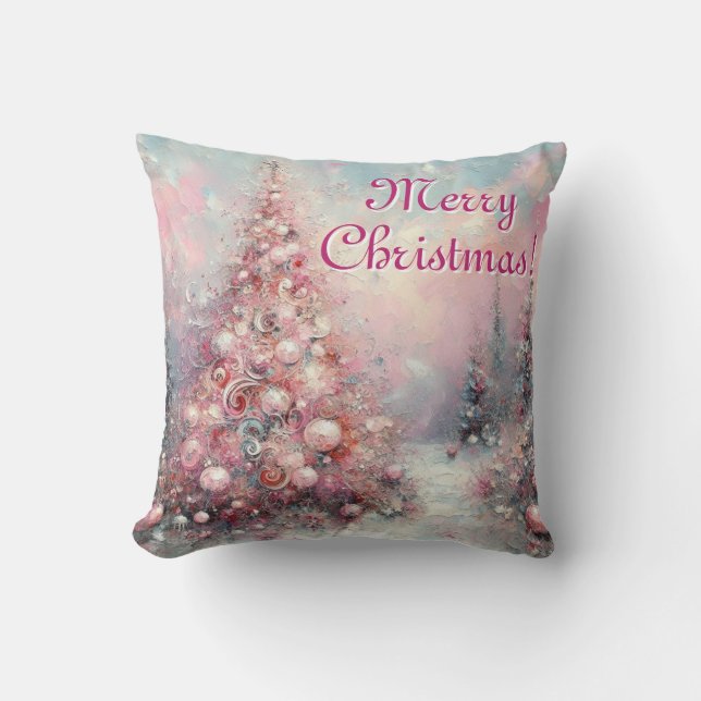 Whimsical Kerstboom Seizoensgebonden Roze Wit Kussen (Voorkant)