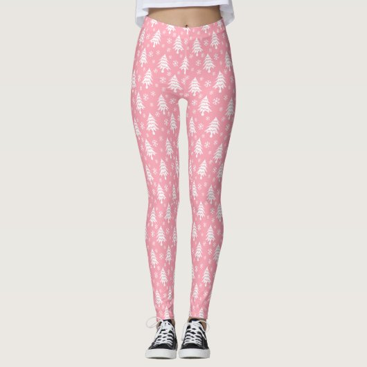 Whimsical-kerstboom Snowflake Pink White Leggings (Voorkant)