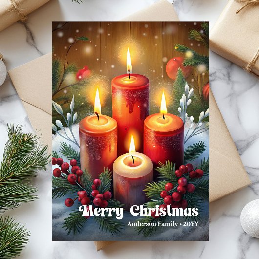 Whimsical kerstkaars robuuste dennenkrans kaart