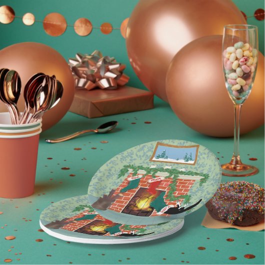 Whimsical Kerstkat en Stocking Scene Papieren Bordje (Multi)