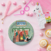 Whimsical Kerstkat en Stocking Scene Papieren Bordje (Feest)