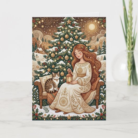 Whimsical Kerstkat & Winter Juffrouw Kaart (Voorkant)