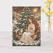 Whimsical Kerstkat & Winter Juffrouw Kaart (Gele Bloem)