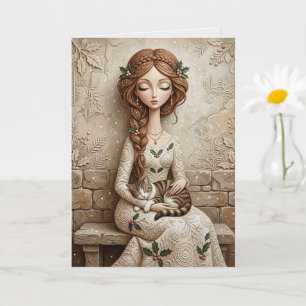 Whimsical Kerstkat Winter Juffrouw Kunstkaart Kaart