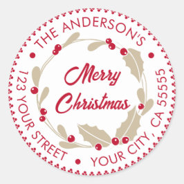 Whimsical Kerstkrans | Rood en wit Ronde Sticker