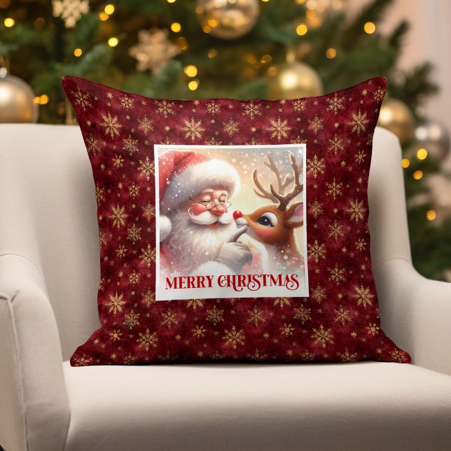 Whimsical Kerstman Rudolph Kussen Kerst Geluk (Whimsical Santa Rudolph Pillow Christmas Happiness)