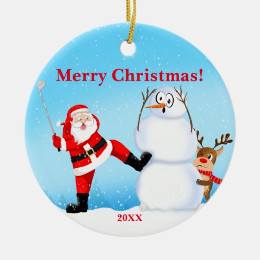 Whimsical Kerstman spelen Golf, Sneeuwman en rendi Keramisch Ornament (Voorkant)