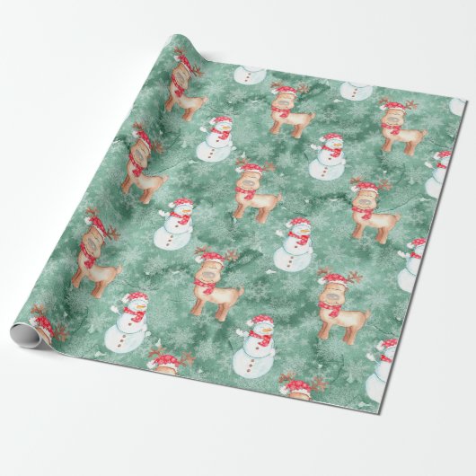Whimsical kerstmannen en rendieren - groen cadeaupapier (Uitgerold)
