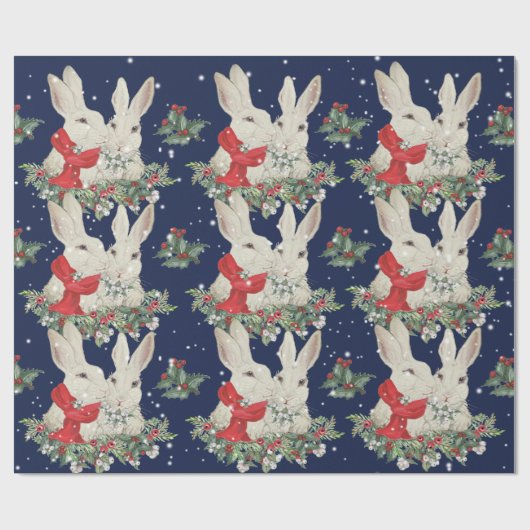 Whimsical Kerstmis Bunny Rabbits Snow Blue Cadeaupapier (Vlak)