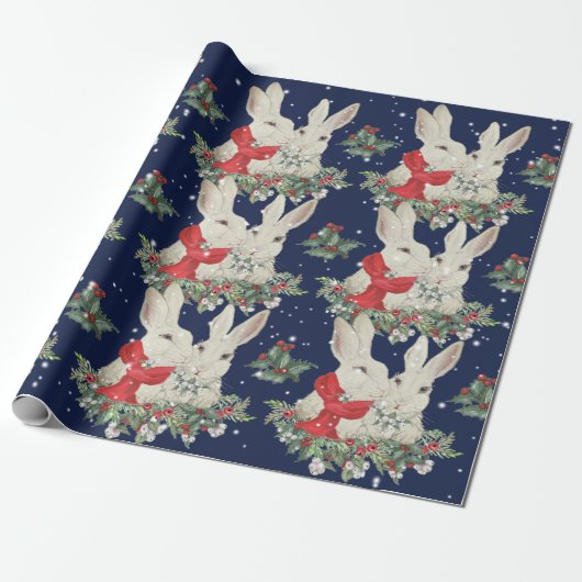 Whimsical Kerstmis Bunny Rabbits Snow Blue Cadeaupapier (Uitgerold)