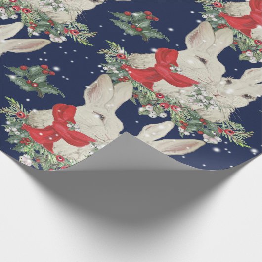 Whimsical Kerstmis Bunny Rabbits Snow Blue Cadeaupapier (Hoek)